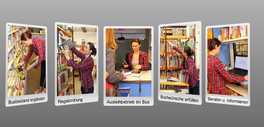 Fotos zur Ausbildung - Bereiche Busbestand ergänzen, Regalordnung, Ausleihbetrieb, Buchwünsche erfüllen, Beraten und Informieren